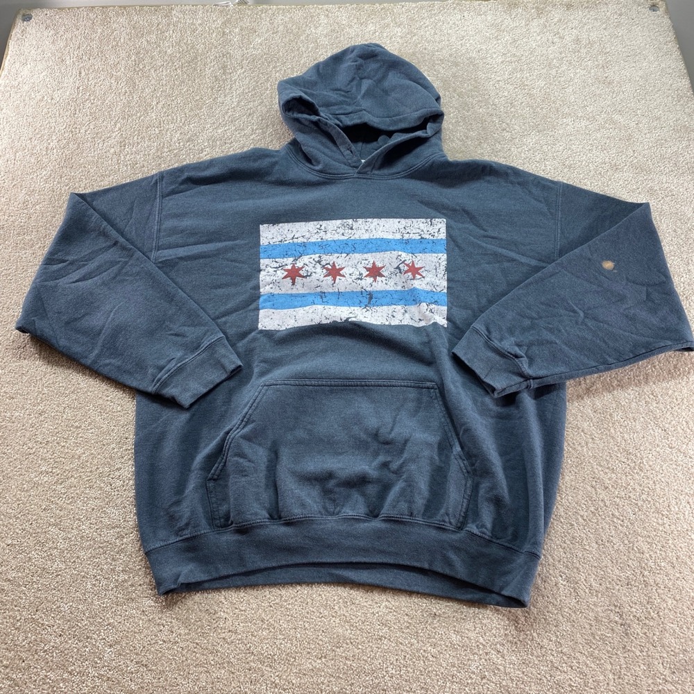 Gildan Chicago Flag Hoodie‎ Mens XL Gray Distressed Graphic Print Sweatshirt - Picture 1 of 13